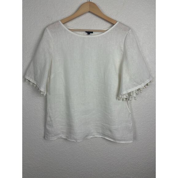 Talbots Linen Women’s Blouse Size Medium White Pom Pom Beachy Breathable Preppy - Picture 4 of 9